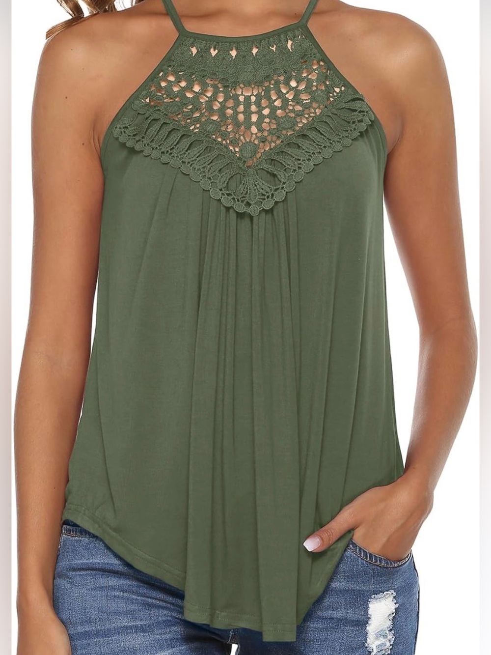NWOT BLUETIME Crochet Halter Tank Top - Olive Green (L)